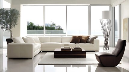 Fototapeta premium Minimalist modern interior with soft lighting and cozy sofa