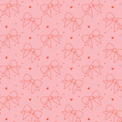 Seamless pattern with bows, hearts, and dots on a pink background. Linear style, red outline. Romantic, cute, and feminine print for fabrics, packaging, and greeting cards.