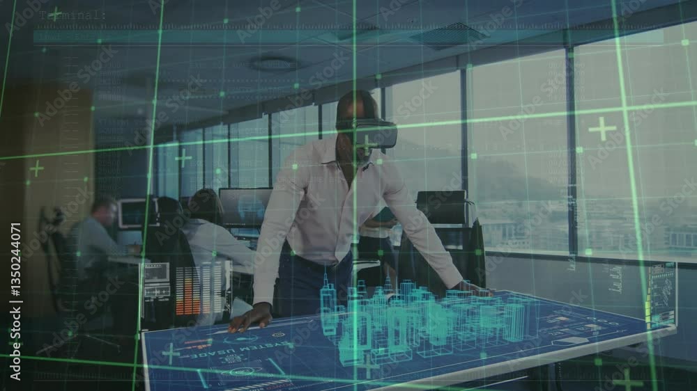 Poster using animation, man in vr headset interacting with digital blueprint in office