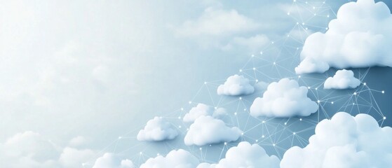 Abstract cloud technology background, with simple shapes and lines, a white color palette, geometric clouds on the right side, a light blue color scheme Generative AI