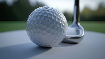 Golf ball on tee, club poised, green background. Sports image
