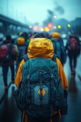 Obraz premium People in yellow raincoats carry backpacks during a rainy protest with a distant fire in the background
