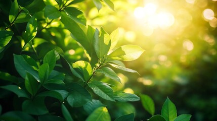 A vibrant close-up of lush green leaves bathed in warm sunlight, representing nature, freshness, sustainability, and the beauty of eco-friendly environments.