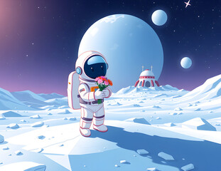 Girl in a space suit holding flowers