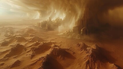 Dramatic desert landscape under a looming storm with swirling clouds and distant rocky formations