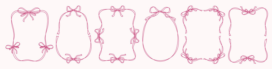 Vintage ribbon bows frames in doodle style. Pretty border with ribbon shapes with space for text. Set vector illustration for cute cards, invitation, social media, poster