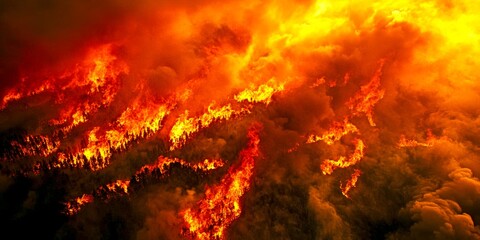 Obraz premium A dramatic aerial view of a forest fire with bright flames and smoky skies. The intense orange and red colors evoke a sense of urgency. Perfect for environmental awareness themes. AI
