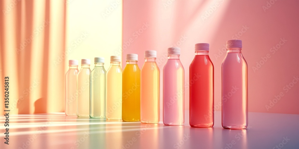 Poster a colorful array of beverage bottles lined up against a soft background. each bottle holds a differe