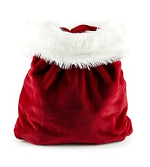 Red velvet Santa bag with a white fur collar, against a solid white background
