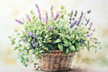 Watercolor Painting of a Woven Basket with Fresh Herbal Sprigs