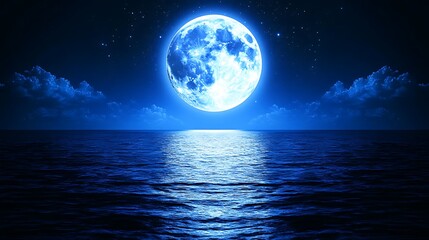 Blue moon over tranquil ocean at night.