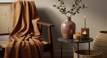 Cozy home decor with warm throw blanket, ceramic vase, and candles on a stylish table creating a calm and inviting atmosphere.
