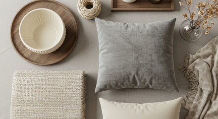 Neutral home styling featuring decorative pillows, bowls, and natural textures for a warm ambiance.
