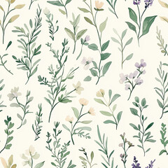 Seamless Watercolor Pattern of Wild Herbs and Flowers