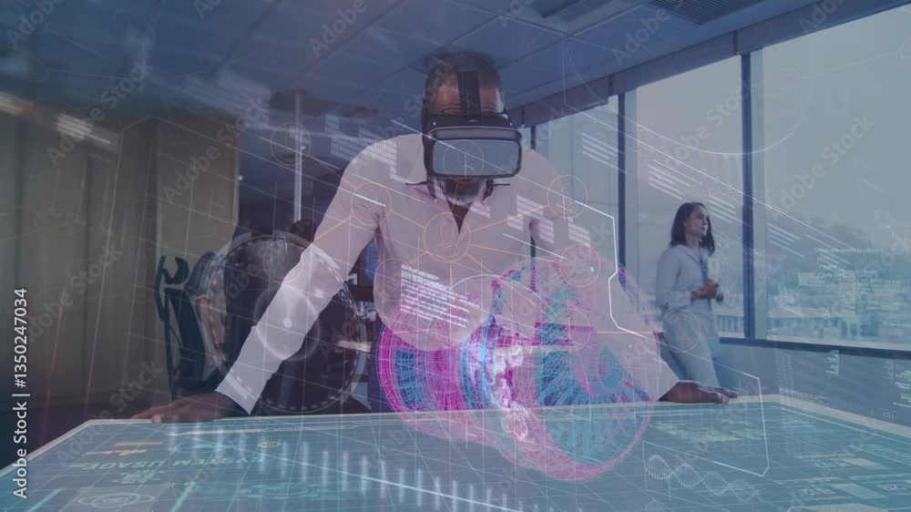 Aufkleber using virtual reality headset, man interacting with animation data in modern office