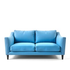 Fototapeta premium soft empty blue double-seat sofa stands on a white isolated background, comfortable fabric couch is alone against the background of a white wall