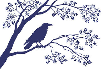 Obraz premium Minimalist Crow on Branch Vector Silhouette - White Background