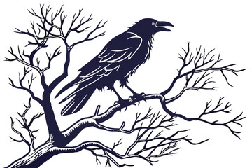 Fototapeta premium Minimalist Crow on Branch Vector Silhouette - White Background