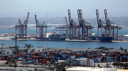 Obraz premium Cargo Shipping Port with Cranes and Container Ships on Water