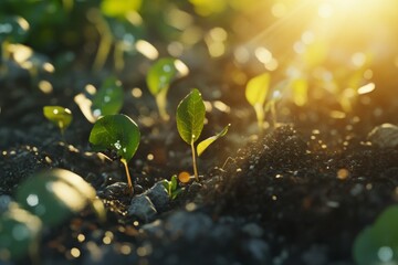 Young plants sprouting from rich soil at sunrise.