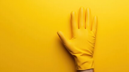 Obraz premium Bright Yellow Rubber Glove Isolated on Vibrant Yellow Background for Cleaning and Household Use