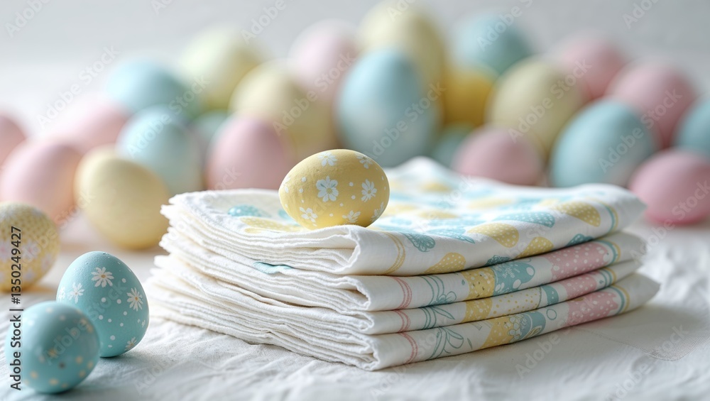 Poster colorful easter eggs arranged with a patterned cloth in a festive spring setting