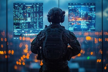 Soldier monitors data screens while overlooking a city at night from a high vantage point