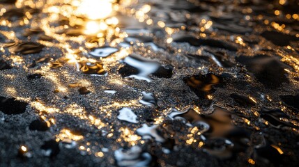 Fototapeta premium Golden Water Reflections for Dark Surface.