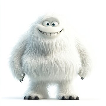 Happy cartoon yeti, white fur, big smile, isolated.