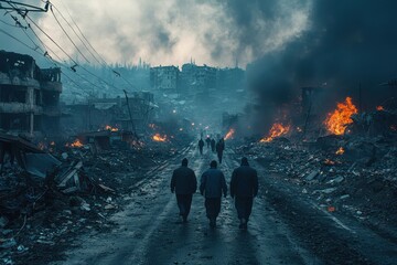 Obraz premium Destruction and despair in a war-torn city with people walking through smoke and flames