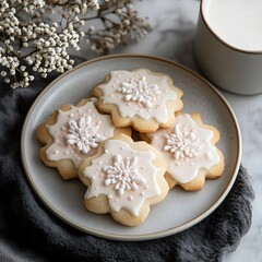 Decorated cookies on plate, marble background, bakery, food photography
