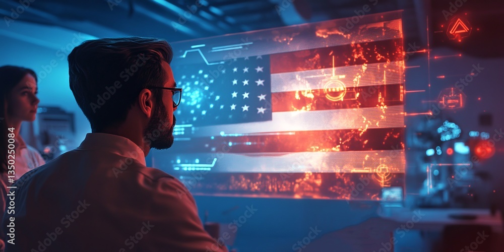 Poster a professional in tech analyzes data on a holographic screen. the american flag is integrated into t