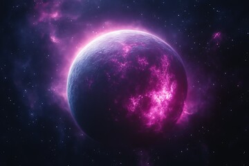 Obraz premium Glowing purple planet in nebula.