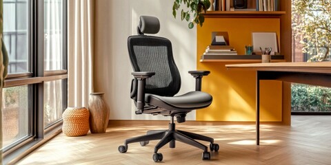 Modern office chair placed in a stylish workspace creating a comfortable and inviting atmosphere. This ergonomic chair promotes good posture and productivity. Ideal for home or office use. AI