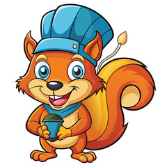 Cheerful cartoon squirrel chef holding a microphone