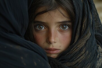 Fototapeta premium Portrait of a young girl with striking eyes and dark scarf during a quiet moment with her mother in a rural village