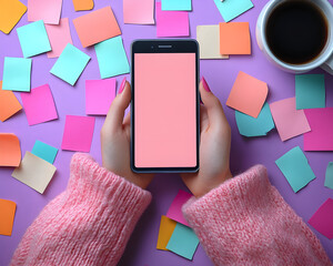 Top-down view of a person holding a smartphone with a blank screen, surrounded by colorful sticky notes on a vibrant pink background. 