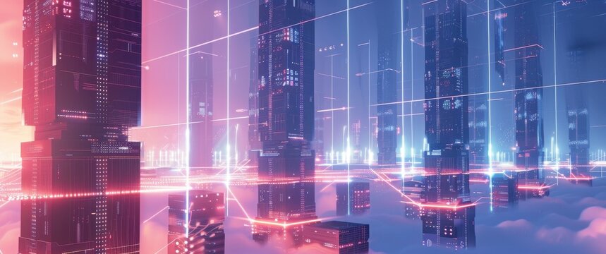 Sci-fi grid computing virtual landscape featuring towering data processors, interconnected by vibrant neon light bridges above clouds.