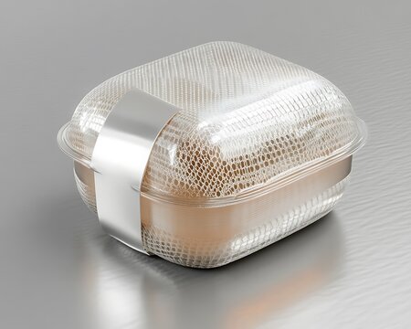 Transparent plastic food container with silver seal.