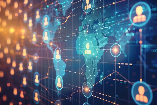 Virtual staff augmentation platform, showing global talent integration with a professional network visualization and tech illustration blur.