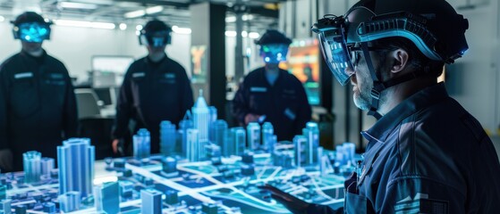 XR emergency response center operators coordinate through holographic city models during a real-time disaster simulation, creating a strategic blur.