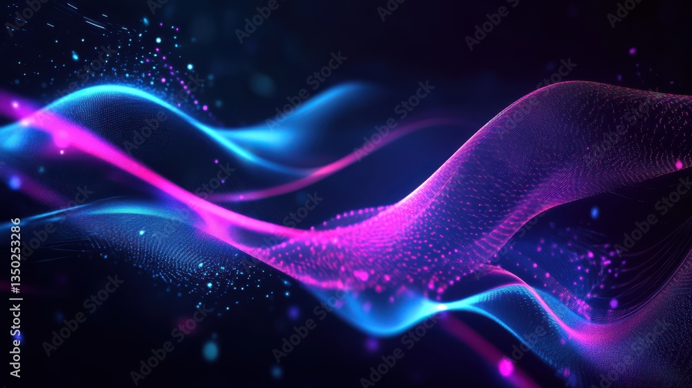 Poster futuristic neon waves with glowing digital particles, dynamic flowing curves, sleek modern sci-fi ae
