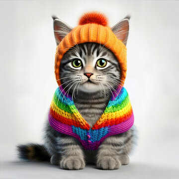 gato, tierno, sueter, gorro, colores, arcoiris