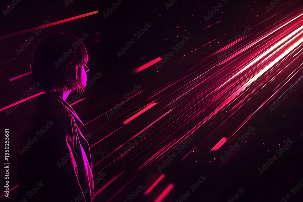 Poster red light beams in dark space move towards a person. energy traces. neon shiny lines create the effe
