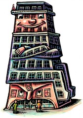 person shaped building sits on top of another annoyed flat building