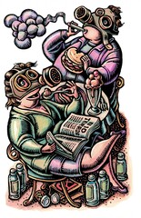 two obese people in gas masks enjoy smoking and eating unhealthy food 