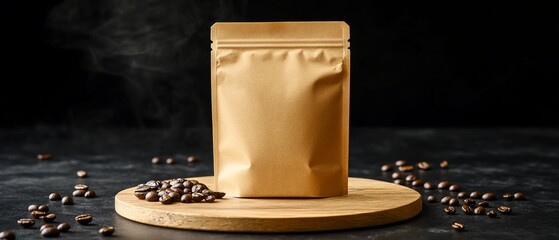 Coffee bag displayed on wood, with coffee beans on black surface