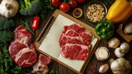 Steak recipe ingredients notepad rustic wood background