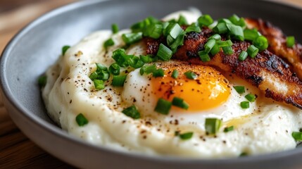 Creamy mashed potatoes topped with fried egg and crispy strips