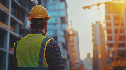 Construction Worker Contemplating City Skyline at Sunset
